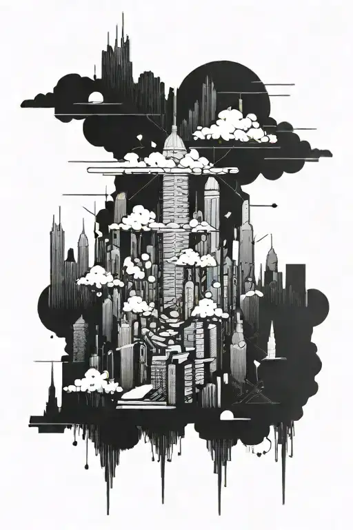 A futuristic anime-inspired city skyline with stock market graphs incorporated into the buildings tattoo design idea