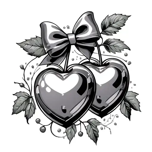  2 cherry heart shape disco balls wih a bow tied round at the top the vines that are attched to the cherries  tattoo design idea