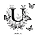 G letter and U letter i cursive, and in between them a data 2015.09.02 and 2 little butterflies if thats possible tattoo design idea