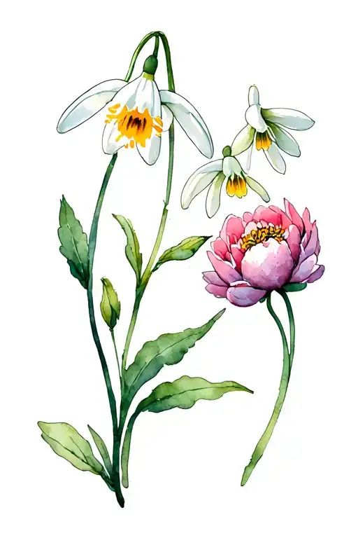 small tattoo with snowdrop, paperwhite narcissus, cosmos, moringing glory and peonies tattoo design idea