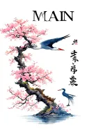 Masculine japanese tattoo says MAIN in cool Japanese font with smaller crane and a beautiful strong cherry blossom tree  tattoo design idea