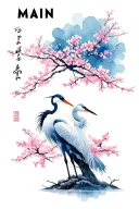 Masculine japanese tattoo says MAIN in cool Japanese font with smaller crane and a beautiful strong cherry blossom tree  tattoo design idea