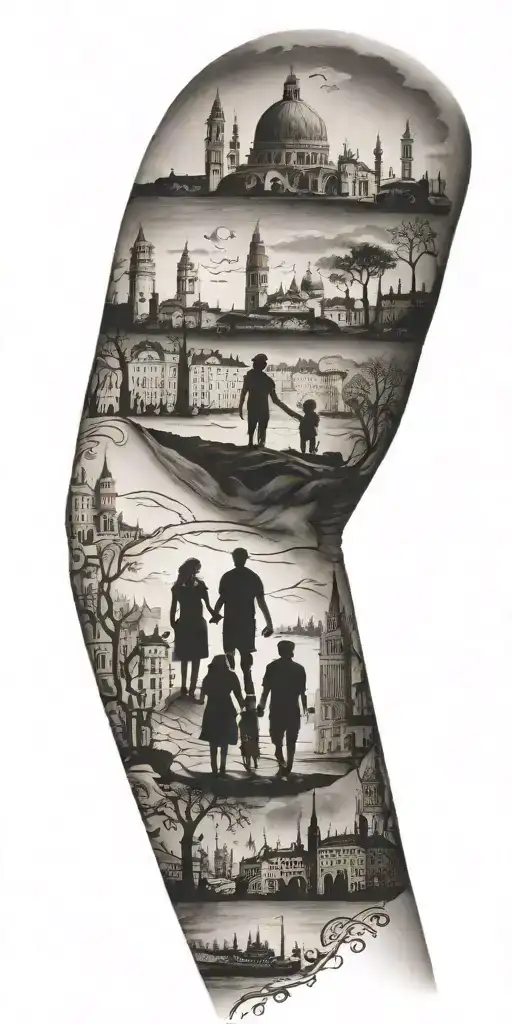 silhouette of a family holding hands with monuments from Venice, Milan, turkey and Spain behind  tattoo design idea