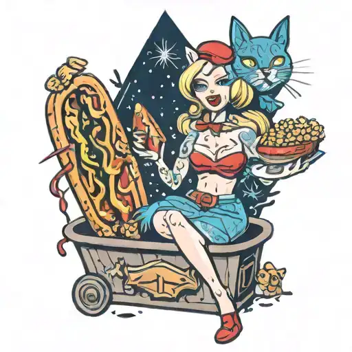 hotdog pinup girl with peanuts, snowflake, ghost, coffin, cat ears tattoo design idea