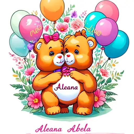 2 pink Care Bears with flowers and balloons with the name aleana and abella  tattoo design idea