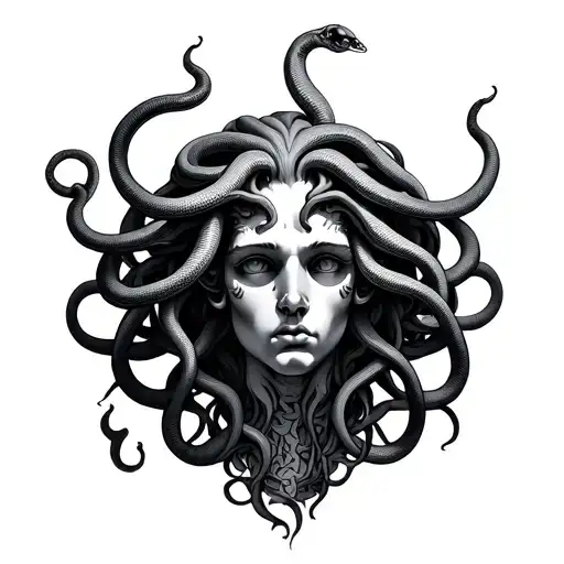 medusa head in center of chest with snakes going along collarbones tattoo design idea