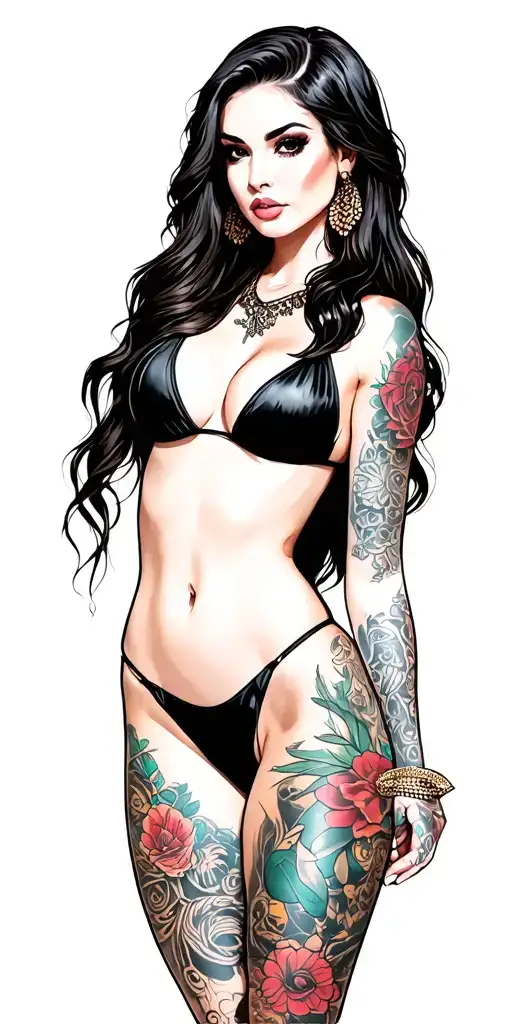 Sexy beautiful girl, petite, big boobs, wide hips, bikini . long hair,sexual. Seductive. Full Body,   tattoo design idea