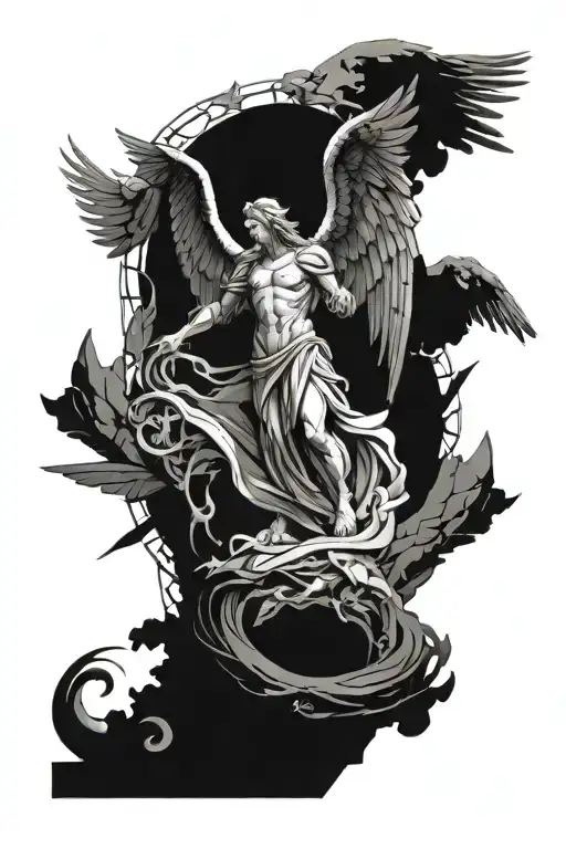 behind arch angel gabriel standing in ruins with hurt wings fighting demons and protecting heaven, back tattoo tattoo design idea