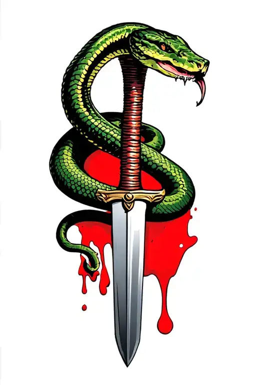 snake wrapped around dagger being stabbed with blood tattoo design idea