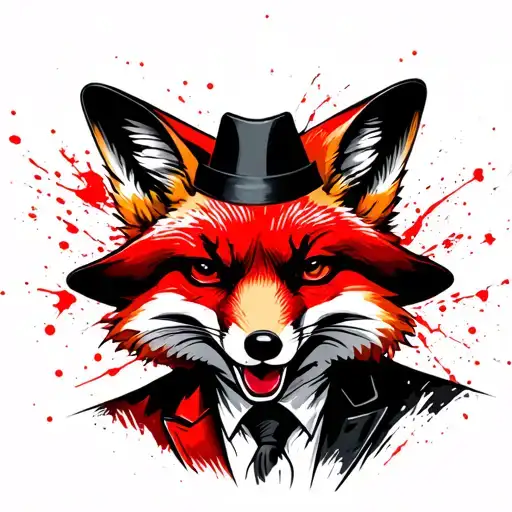 Fox with a sly laugh in a suit and a hat tattoo design idea