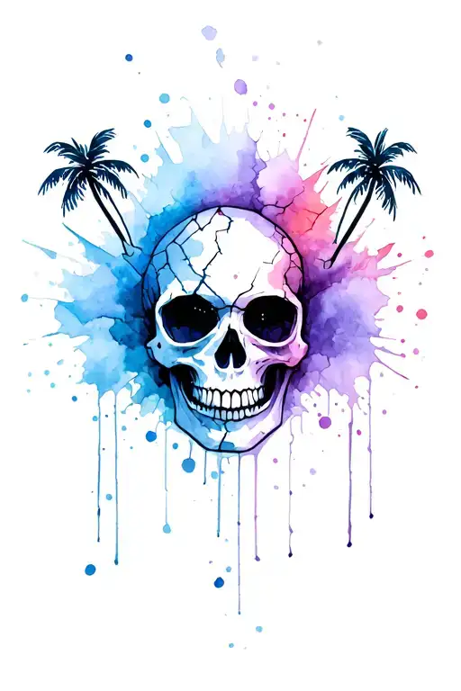 broken girly black skull explosion of blue, purple and pink watermark with 3 flowing dainty palm trees from nose/eyes tattoo design idea