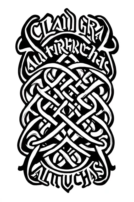 "CLANN GRA ALTRUCHAS" Celtic Trinity not with the words below all intertwined all black ink with detailed linework CLANN, GRA, ALTRUCHAS tattoo design idea