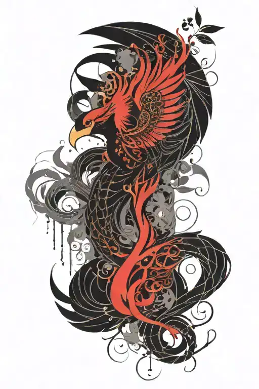 phoenix with vines, celestial elements and geometric negative space, symbolizing resilience, growth, and self tattoo design idea