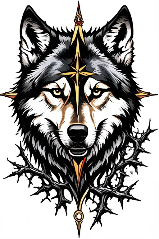 wolf compass nature mountain valley vines thorns  tattoo design idea