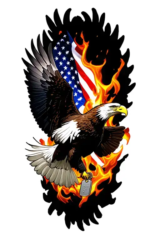 an eagle flying out of flames with the usa flag and dog tags in its talons   tattoo design idea
