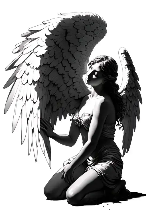 Angel kneeling with a broken wing tattoo design idea