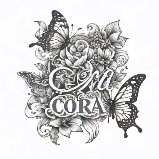 the name "Cora" with butterflies and flowers tattoo design idea