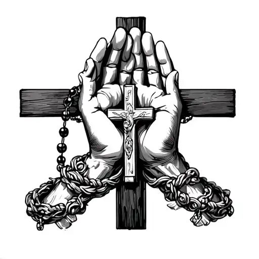 rosary wrapped around pray hands with enough room to put two dates   tattoo design idea