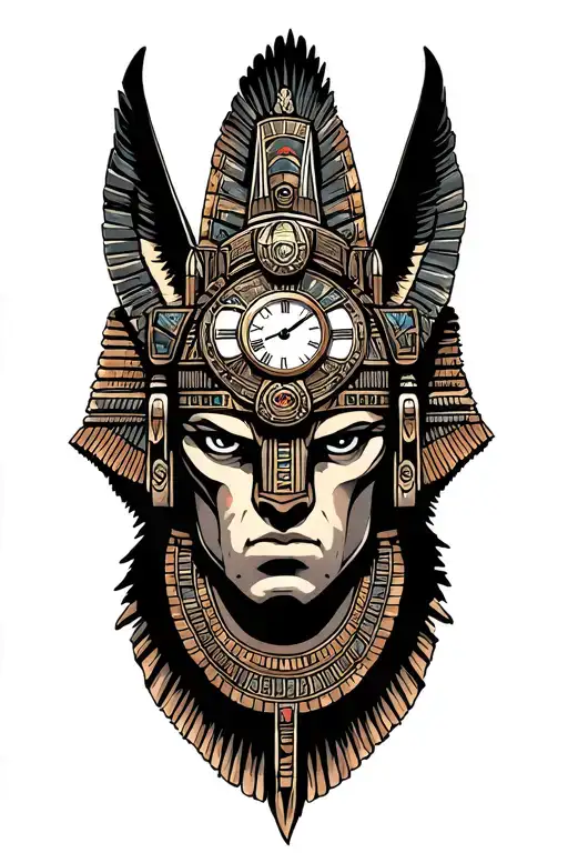 Aztec Warrior With Technology With Egyptian God Anubis, Inka Symbolism, All Seing Eye and clock Tattoo tattoo design idea