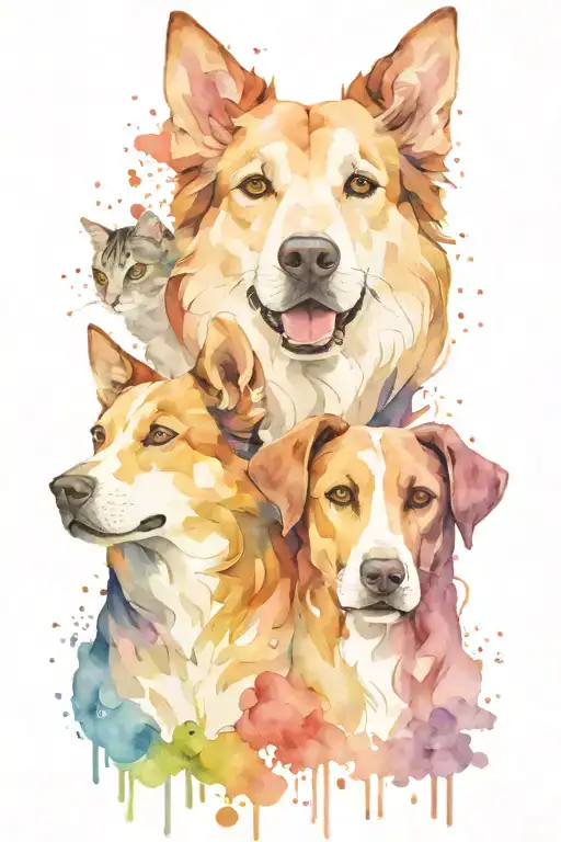 Face of a dog with silhouettes of 2 dogs and 3 cats tattoo design idea