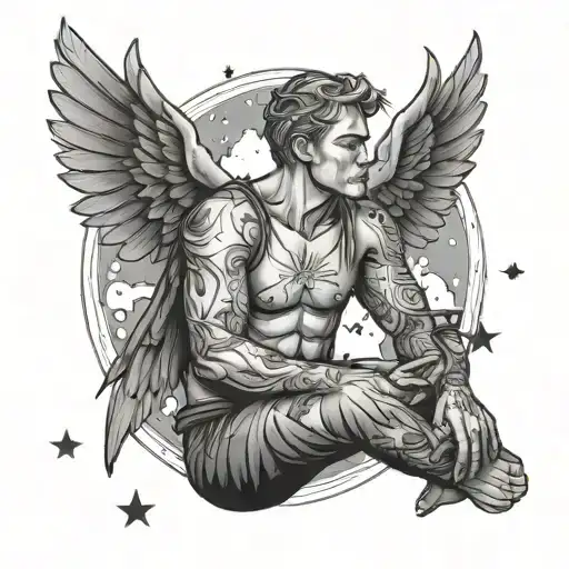a guy sitting looking at the sky full of stars and moon with wings on his back and the whole picture is in jigaw puzzle  tattoo design idea