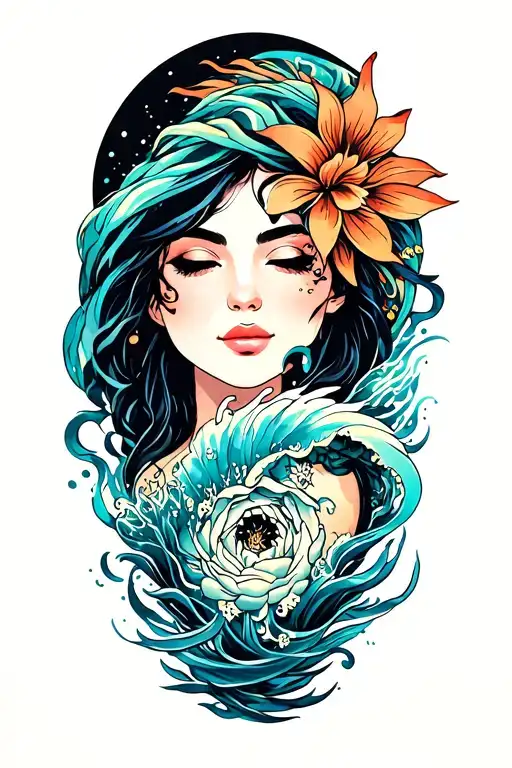 arm tattoo, black ink some color.  ocean themed. tattoo design idea