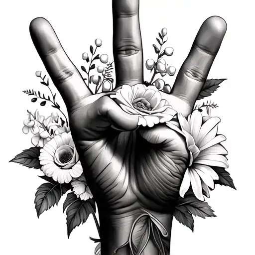 hand making a peace sign symbol with flowers rose, Lily of the valley, aster, and chrysanthemum  tattoo design idea