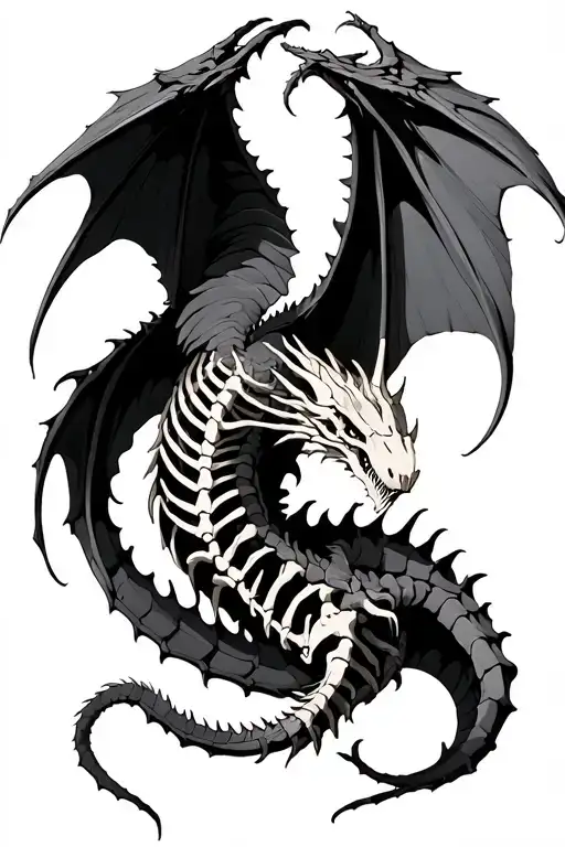 skeletal dragon flying along spine tattoo design idea