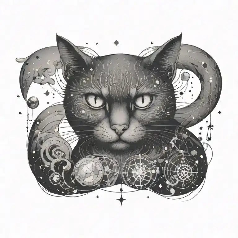 A new-school interpretation of a witch's familiar, such as a black cat or owl, adorned with zodiac constellations and alchemical symbols tattoo design idea