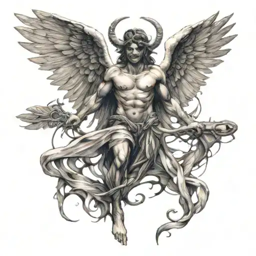 I want an angry angel standing and also a devil, looking handsome and beautiful, an artistic angel in the style of falle tattoo design idea