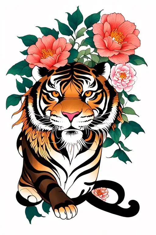 tiger and flowers tattoo design idea