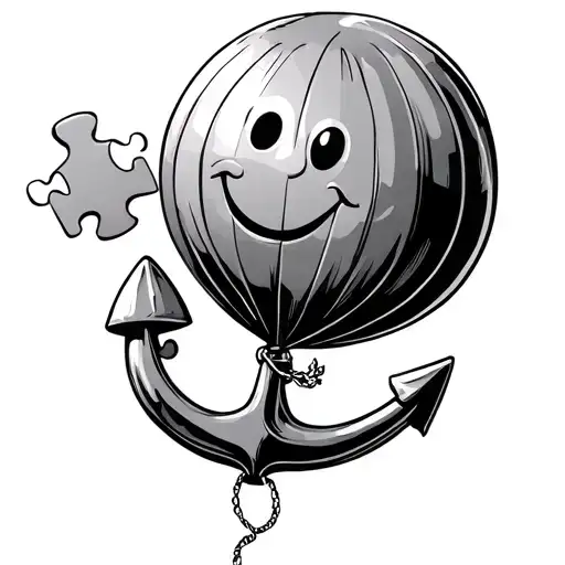 Anchor floating up into the sky, like a balloon, with a smile, smiley face holding the other end of it and a puzzle  tattoo design idea
