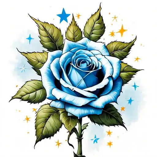 realistic blue rose with stars and soft shading  tattoo design idea