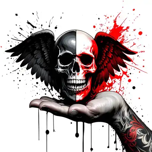 skull tattoo held in one hand with half an angel face and the other demon tattoo design idea