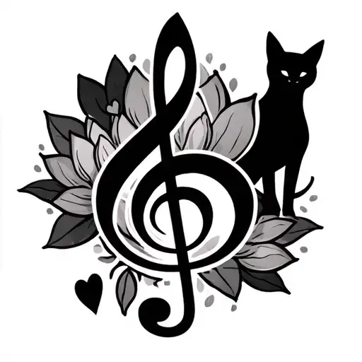 treble clef intertwined with 3 hearts, a lotus, and a cat silhouettes tattoo design idea