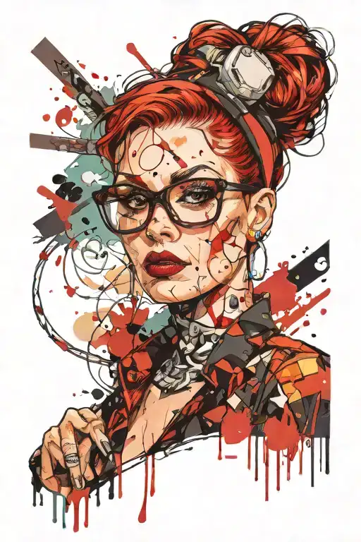 tattood vet tech pinup, scrubs, red hair, messy bun, headband, bites, glasses, nose pierced, id badge, bandaid, nails tattoo design idea