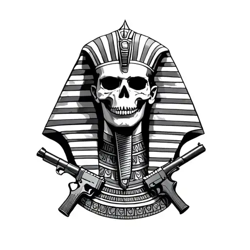a pharaoh with a skull face holding 2 guns underneath his neck tattoo design idea