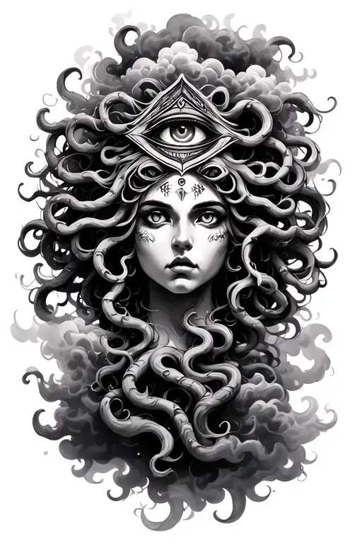 3rd eye , Medusa with clouds and Smokey background tattoo design idea