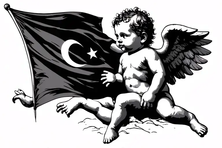 BABY CHERUB HOLDING TURKISH FLAG tattoo design idea