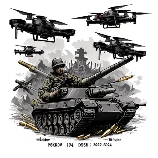 Airborne troops, artillery, mortar shells, bullets, few drones, inscription "Pskov 104 DSHP", "Ukraine 2022-2024", iron tattoo design idea