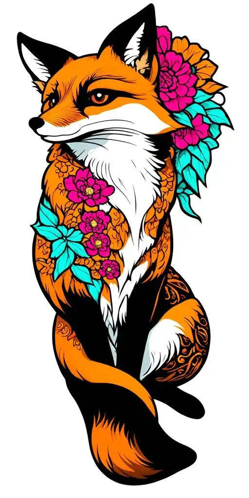 sitting fox in color scheme of amber (hex color #f6931c), turquoise (hex color #1cbbf6) and magenta (hex color #f61c93)  tattoo design idea