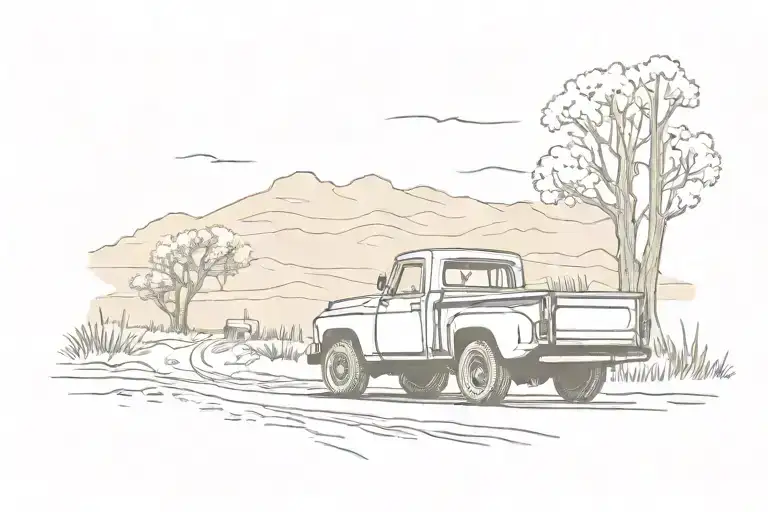old country dirt road with an old pick up truck driving into the distance  tattoo design idea