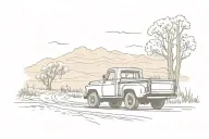 old country dirt road with an old pick up truck driving into the distance  tattoo design idea