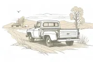 old country dirt road with an old pick up truck driving into the distance  tattoo design idea
