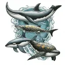 trident with whale dolphin and turtle swimming tattoo design idea