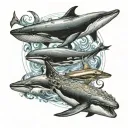trident with whale dolphin and turtle swimming tattoo design idea