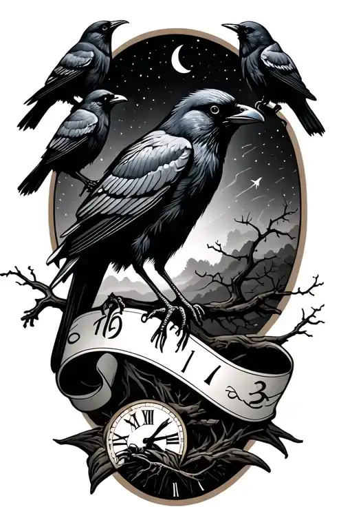 night sky filler, crows, tree branch, time, ribbon tattoo design idea