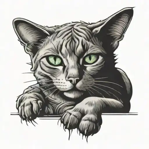 cat with green eyes sitting under the sun tattoo design idea