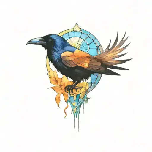Raven and stained glass window tattoo design idea