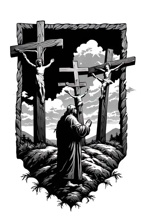 three crosses on the hill of Calvary and a man in the foreground praying to the crosses tattoo design idea